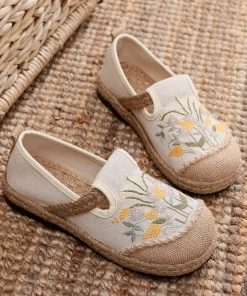 TC Cactus Rose | Field Corn Embroidered Round Toe Linen Espadrilles - Beige NEW ARRIVALS