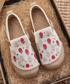 TC New In Shoes Cactus Rose | Berry Blossom Embroidered Linen Round Toe Espadrilles - Beiged