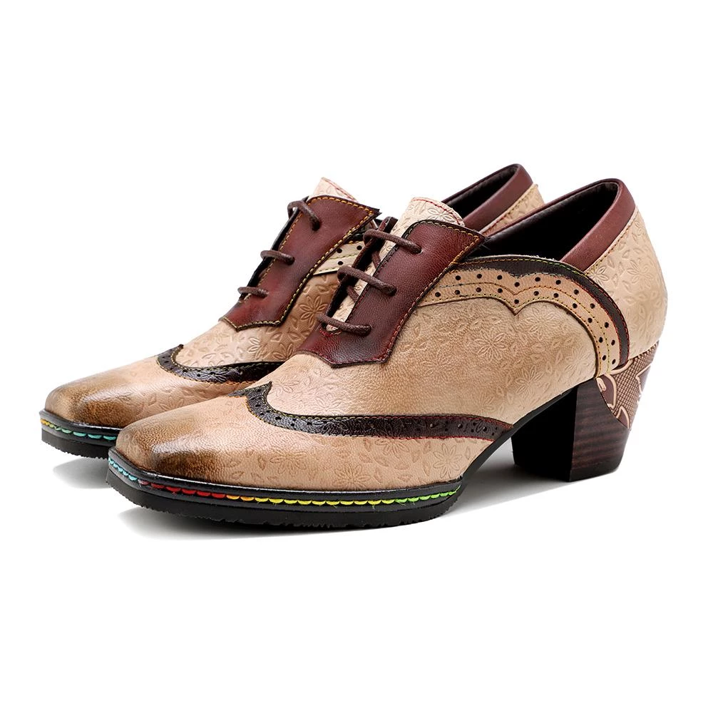 New In Shoes SOFFIA | Genuine Leather Inspired Floral Embossed Adele Mid Heel Oxford Shoes - Beige 4 New In Shoes SOFFIA | Genuine Leather Inspired Floral Embossed Adele Mid Heel Oxford Shoes - Beige