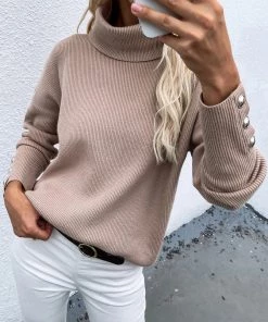 MY Smaibulun | Beige Oversized Collar Turtleneck Knit Sweater