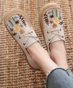 TC New In Shoes Cactus Rose | Garden Embroidered Linen Boat Shoes Espadrilles - Beige