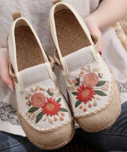 TC NEW ARRIVALS Cactus Rose | Double Kiss Floral Embroidered Linen Espadrilles - Beige