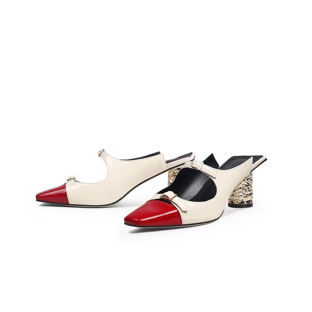 Jady Rose JadyRose | Bar-Accent Golden Mid Heel Leather Mules Loafers - Beige 3 Jady Rose JadyRose | Bar-Accent Golden Mid Heel Leather Mules Loafers - Beige