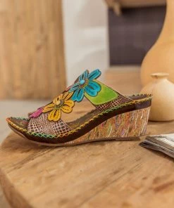RXD SOFFIA | Beige Floral Appliqued Leather Wedge Mule