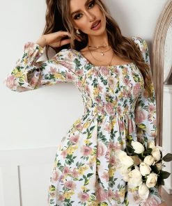 DY NEW ARRIVALS MORA MINI DRESS - BEIGE FLORAL