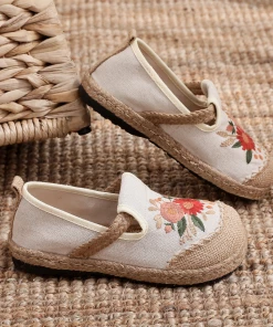 TC NEW ARRIVALS Cactus Rose | Double Kiss Floral Embroidered Linen Espadrilles - Beige