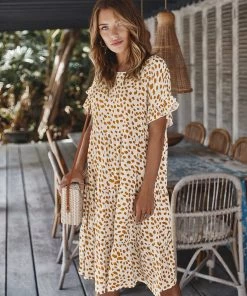 DY New In Clothing BRONWYN DRESS - BEIGE PRINT