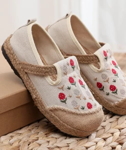 TC New In Shoes Cactus Rose | Berry Blossom Embroidered Linen Round Toe Espadrilles - Beiged