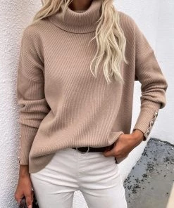 MY Smaibulun | Beige Oversized Collar Turtleneck Knit Sweater