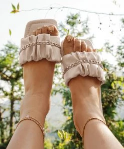 HT En Bloom | Beige Ruffle Upper Chain Sip On Sole Slides Flat Sandals