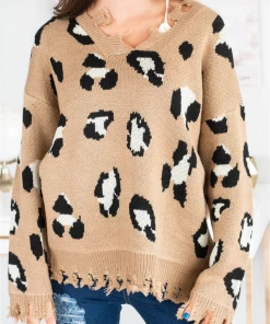 MY Smaibulun Doll | Cheetah V-Neck Ripped Collar & Sleeve Knit Pullover - Beige