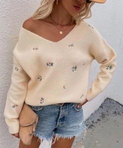 MY New In Clothing Smaibulun | Beige Wide V-neck Daisy Embroidered Knit Sweater 11 MY New In Clothing Smaibulun | Beige Wide V-neck Daisy Embroidered Knit Sweater