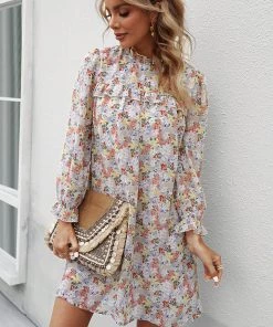 DY TERRENCE Floral Print Mini Dress - Beige New In Clothing