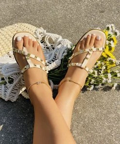 HT En Bloom | Beige Rivet Studded Thongs Flat Sandals NEW ARRIVALS