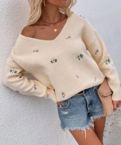 MY New In Clothing Smaibulun | Beige Wide V-neck Daisy Embroidered Knit Sweater 12 MY New In Clothing Smaibulun | Beige Wide V-neck Daisy Embroidered Knit Sweater