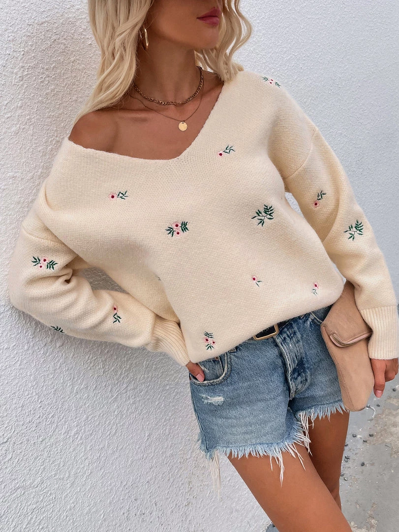 MY New In Clothing Smaibulun | Beige Wide V-neck Daisy Embroidered Knit Sweater 5 MY New In Clothing Smaibulun | Beige Wide V-neck Daisy Embroidered Knit Sweater