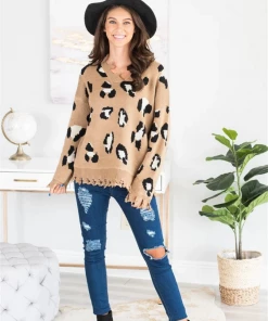 MY Smaibulun Doll | Cheetah V-Neck Ripped Collar & Sleeve Knit Pullover - Beige