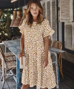 DY New In Clothing BRONWYN DRESS - BEIGE PRINT