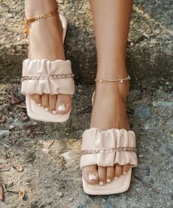 HT En Bloom | Beige Ruffle Upper Chain Sip On Sole Slides Flat Sandals