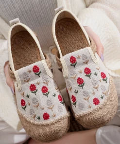 TC New In Shoes Cactus Rose | Berry Blossom Embroidered Linen Round Toe Espadrilles - Beiged