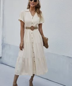 DY EMILY Front Button Midi Dress - Beige