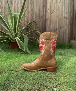 YL En Bloom | Beige Rose Embroidered Cowboy Low Heel Comfy Knee Boots