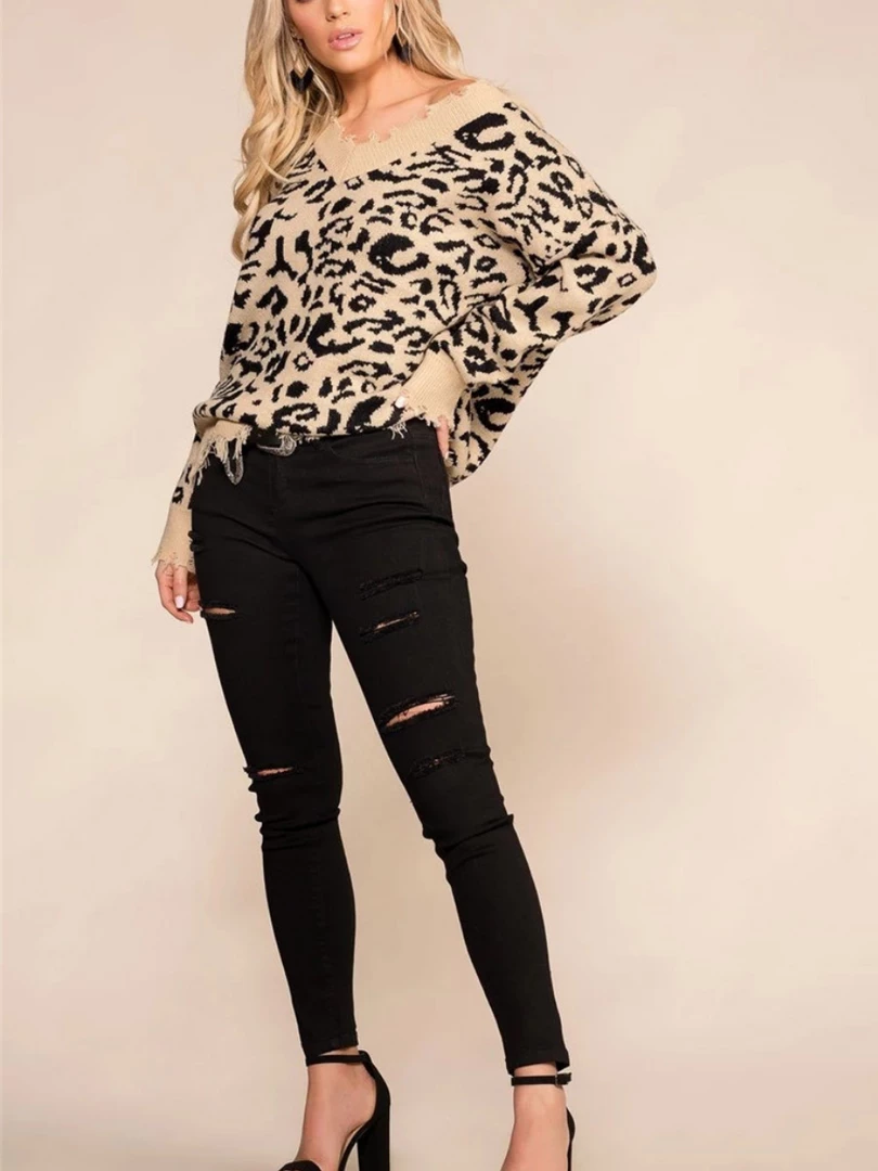 MY Smaibulun Doll | Leopard Long Sleeve V-Neck Ripped Knit Pullover - Beige 5 MY Smaibulun Doll | Leopard Long Sleeve V-Neck Ripped Knit Pullover - Beige