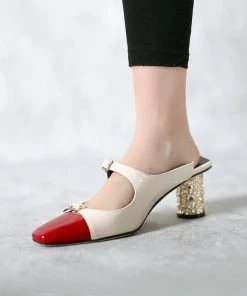 Jady Rose JadyRose | Bar-Accent Golden Mid Heel Leather Mules Loafers - Beige 14 Jady Rose JadyRose | Bar-Accent Golden Mid Heel Leather Mules Loafers - Beige