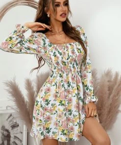 DY NEW ARRIVALS MORA MINI DRESS - BEIGE FLORAL