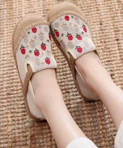 TC New In Shoes Cactus Rose | Berry Blossom Embroidered Linen Round Toe Espadrilles - Beiged