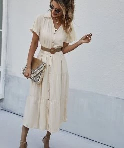 DY EMILY Front Button Midi Dress - Beige