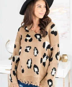 MY Smaibulun Doll | Cheetah V-Neck Ripped Collar & Sleeve Knit Pullover - Beige