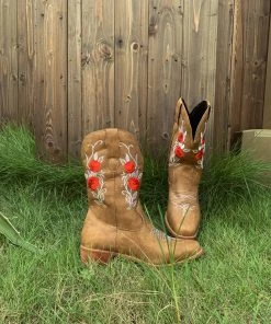 YL En Bloom | Beige Rose Embroidered Cowboy Low Heel Comfy Knee Boots