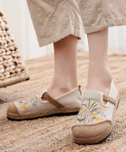 TC Cactus Rose | Field Corn Embroidered Round Toe Linen Espadrilles - Beige NEW ARRIVALS