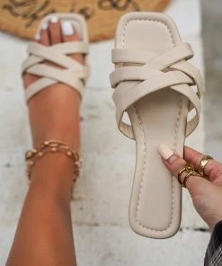 HT En Bloom | Beige Criss Cross Flat Sole Slide