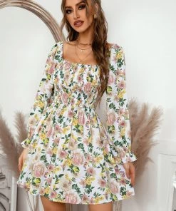 DY NEW ARRIVALS MORA MINI DRESS - BEIGE FLORAL