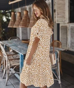 DY New In Clothing BRONWYN DRESS - BEIGE PRINT