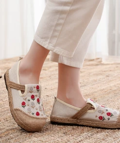 TC New In Shoes Cactus Rose | Berry Blossom Embroidered Linen Round Toe Espadrilles - Beiged
