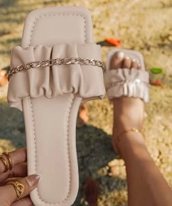 HT En Bloom | Beige Ruffle Upper Chain Sip On Sole Slides Flat Sandals
