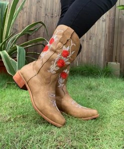 YL En Bloom | Beige Rose Embroidered Cowboy Low Heel Comfy Knee Boots
