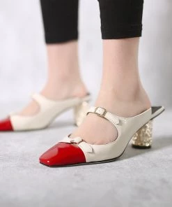 Jady Rose JadyRose | Bar-Accent Golden Mid Heel Leather Mules Loafers - Beige 15 Jady Rose JadyRose | Bar-Accent Golden Mid Heel Leather Mules Loafers - Beige