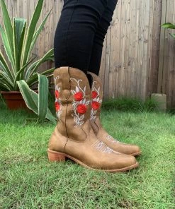 YL En Bloom | Beige Rose Embroidered Cowboy Low Heel Comfy Knee Boots