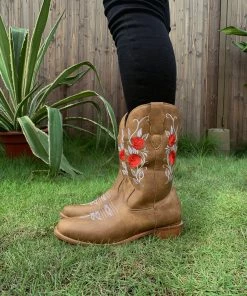 YL En Bloom | Beige Rose Embroidered Cowboy Low Heel Comfy Knee Boots