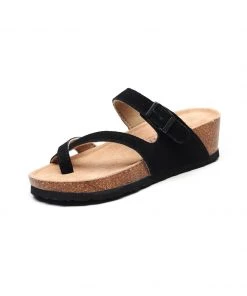 GLF NEW ARRIVALS Maibulun | Black Criss Cross Toe Suede Upper Wedge Sandal
