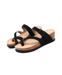 GLF NEW ARRIVALS Maibulun | Black Criss Cross Toe Suede Upper Wedge Sandal