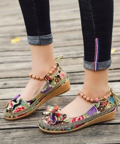 KLHX Bow Head Buddha Beads Round Toe Ankle Flat Shoes Boat Shoes - Cactus Rose Shop Sandals
