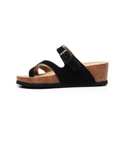 GLF NEW ARRIVALS Maibulun | Black Criss Cross Toe Suede Upper Wedge Sandal