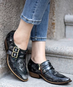 SOFFIA | Black Grey Floral Embossed Leather Monk New In Shoes