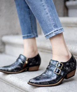 SOFFIA | Black Grey Floral Embossed Leather Monk New In Shoes