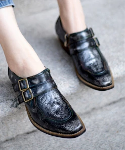 SOFFIA | Black Grey Floral Embossed Leather Monk New In Shoes